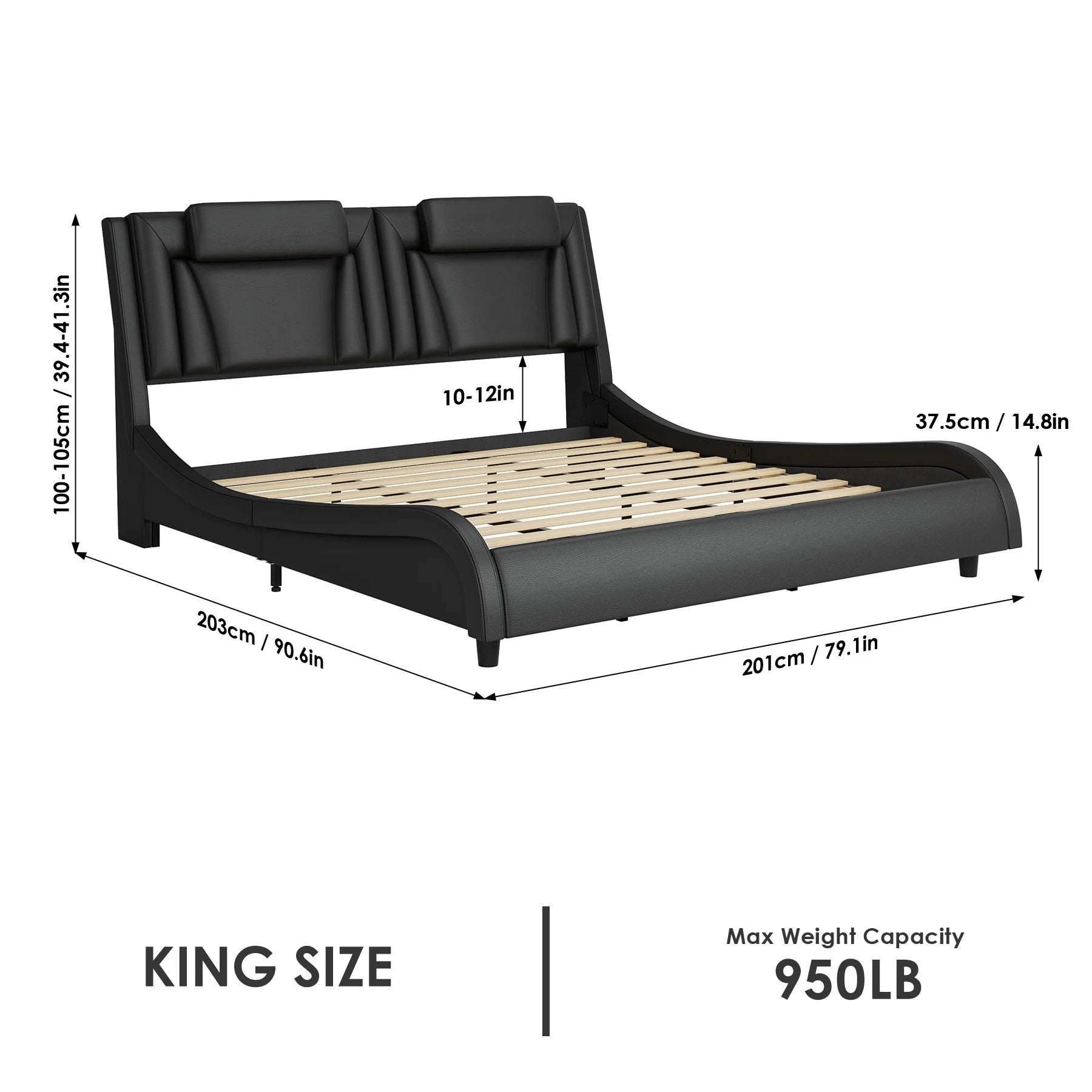 King Size LED Bed Frame, PU Leather Upholstered Curved Platform Bed Frame, Black - Love All Things Home
