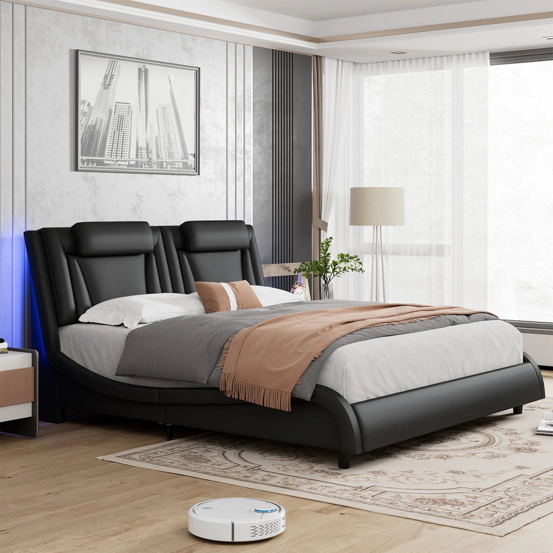 King Size LED Bed Frame, PU Leather Upholstered Curved Platform Bed Frame, Black - Love All Things Home