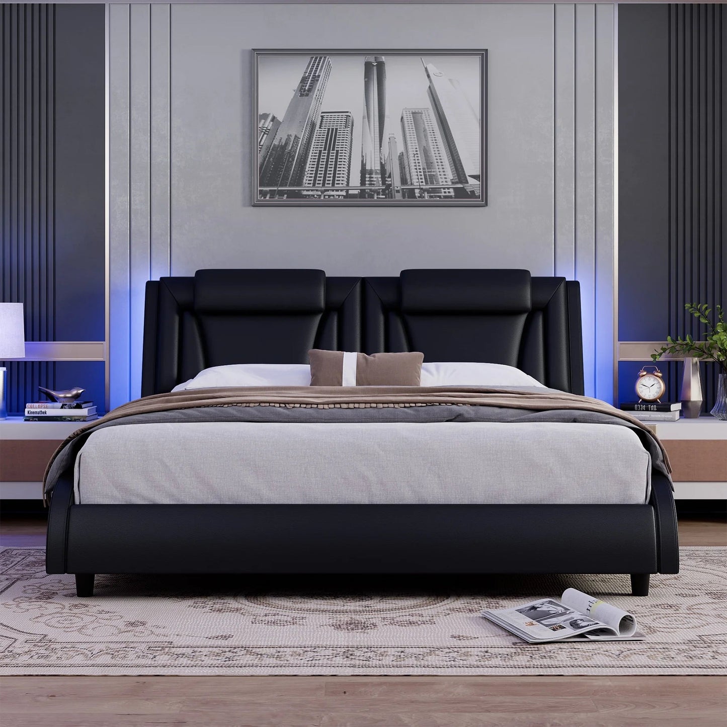 King Size LED Bed Frame, PU Leather Upholstered Curved Platform Bed Frame, Black - Love All Things Home