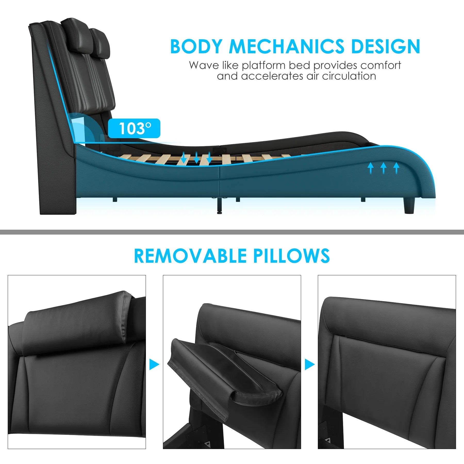 King Size LED Bed Frame, PU Leather Upholstered Curved Platform Bed Frame, Black - Love All Things Home