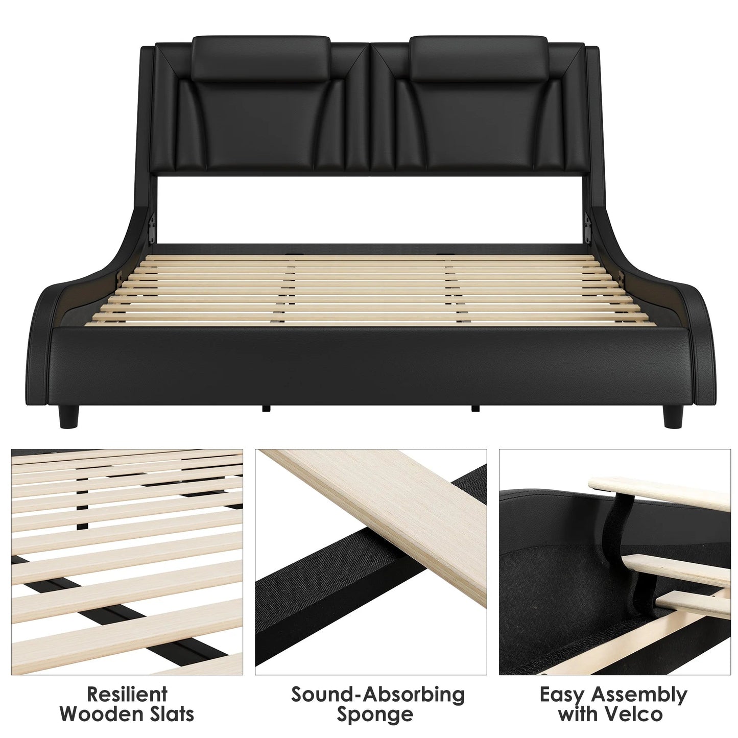 King Size LED Bed Frame, PU Leather Upholstered Curved Platform Bed Frame, Black - Love All Things Home