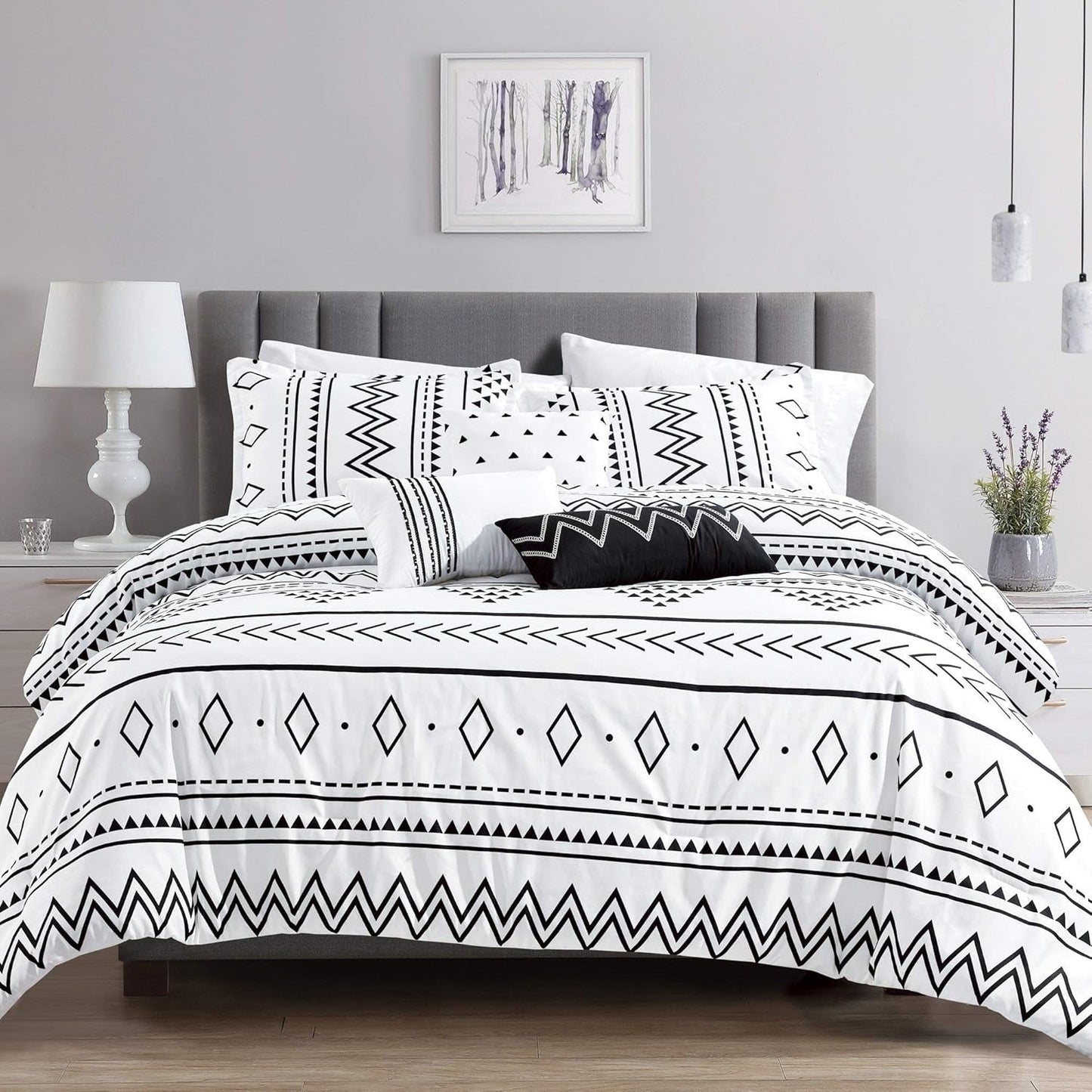 Linen Mart Aztec Comforter Sets - Microfiber Bedding for Queen/King Size Beds - Boho Black and White Patterns - 6 Piece Set
