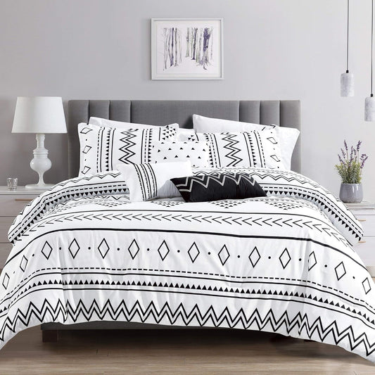Linen Mart Aztec Comforter Sets - Microfiber Bedding for Queen/King Size Beds - Boho Black and White Patterns - 6 Piece Set