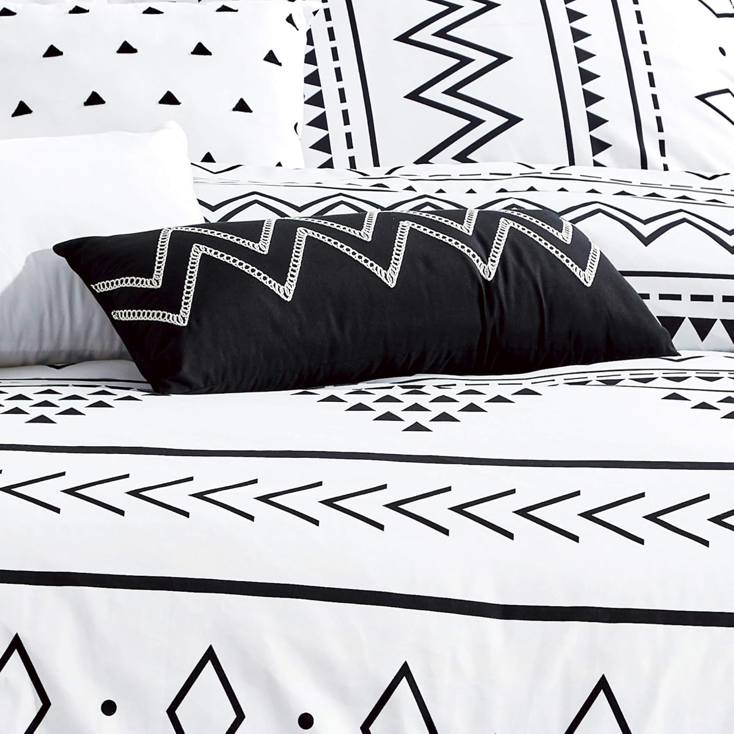 Linen Mart Aztec Comforter Sets - Microfiber Bedding for Queen/King Size Beds - Boho Black and White Patterns - 6 Piece Set