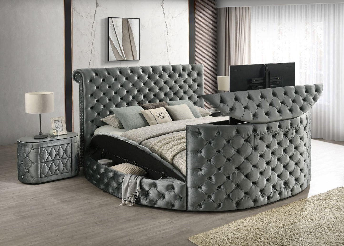 Luxurious King Size Bed Nightstand Deeply Tufted Headboard Nail Head Trim Upholstery Grey Velvet Footboard Integrated Television Lift Mechanism Built - in Electric Fireplace Storage 3pc Set - Love All Things Home
