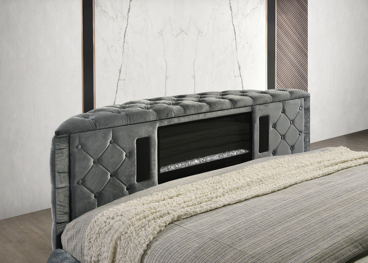 Luxurious King Size Bed Nightstand Deeply Tufted Headboard Nail Head Trim Upholstery Grey Velvet Footboard Integrated Television Lift Mechanism Built - in Electric Fireplace Storage 3pc Set - Love All Things Home