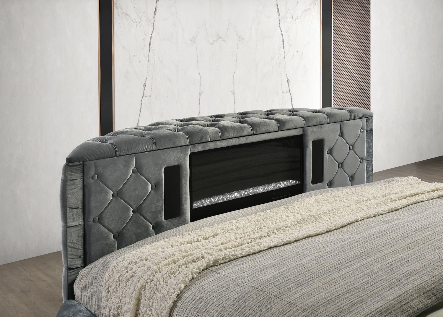 Luxurious King Size Bed Nightstand Deeply Tufted Headboard Nail Head Trim Upholstery Grey Velvet Footboard Integrated Television Lift Mechanism Built - in Electric Fireplace Storage 3pc Set - Love All Things Home