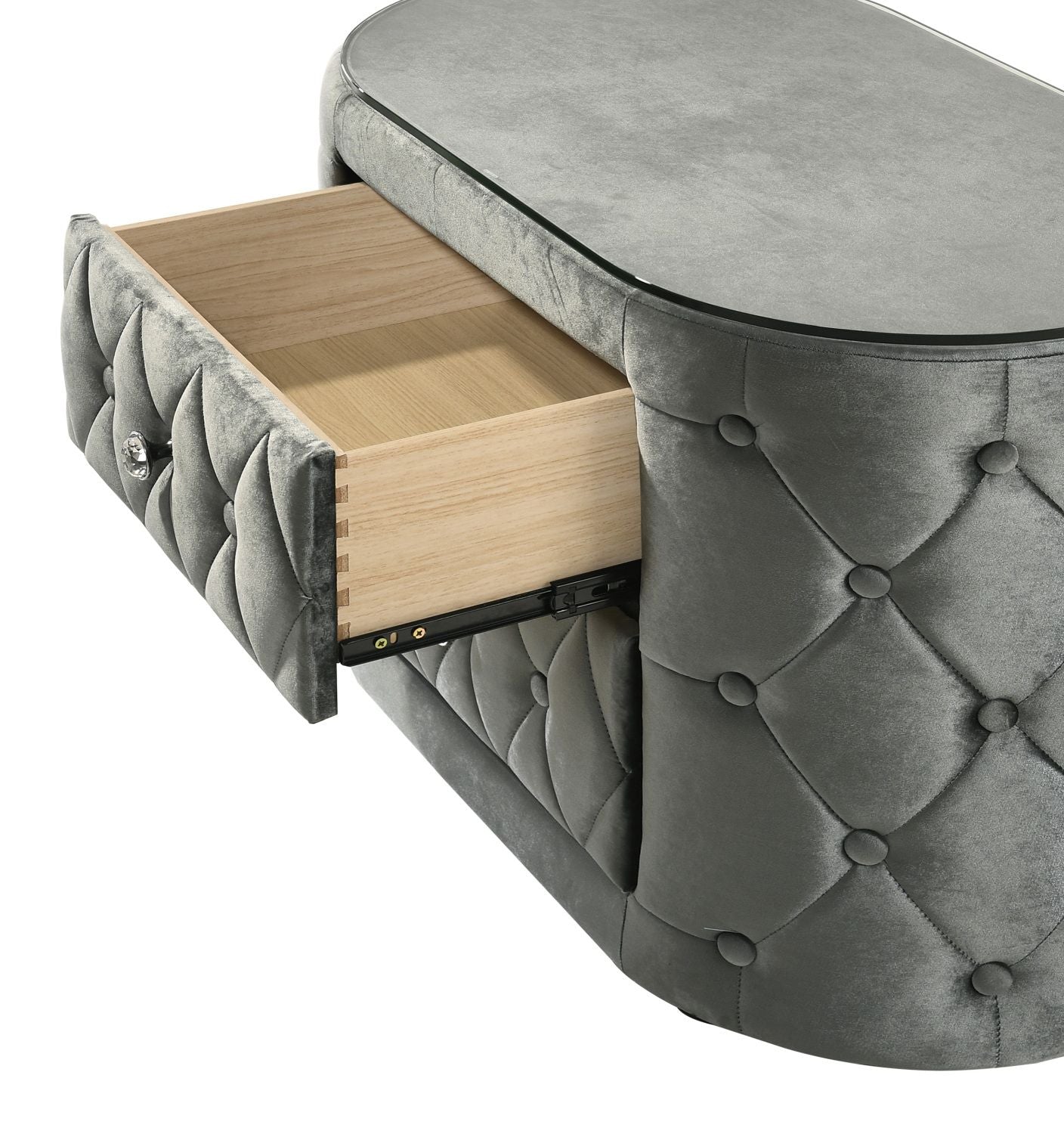 Luxurious King Size Bed Nightstand Deeply Tufted Headboard Nail Head Trim Upholstery Grey Velvet Footboard Integrated Television Lift Mechanism Built - in Electric Fireplace Storage 3pc Set - Love All Things Home