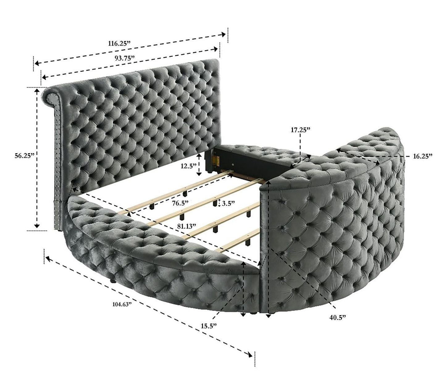 Luxurious King Size Bed Nightstand Deeply Tufted Headboard Nail Head Trim Upholstery Grey Velvet Footboard Integrated Television Lift Mechanism Built - in Electric Fireplace Storage 3pc Set - Love All Things Home