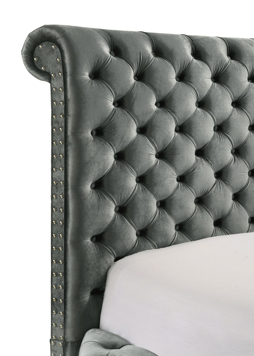 Luxurious King Size Bed Nightstand Deeply Tufted Headboard Nail Head Trim Upholstery Grey Velvet Footboard Integrated Television Lift Mechanism Built - in Electric Fireplace Storage 3pc Set - Love All Things Home