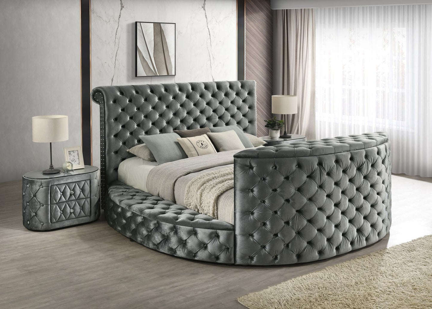 Luxurious King Size Bed Nightstand Deeply Tufted Headboard Nail Head Trim Upholstery Grey Velvet Footboard Integrated Television Lift Mechanism Built - in Electric Fireplace Storage 3pc Set - Love All Things Home