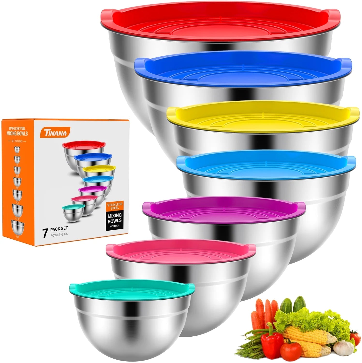 Mixing Bowls with Lids: 7 Pack Stainless Steel Mixing Bowls Set, Metal Nesting Mixing Bowls for Kitchen, 7/4.5/3.0/2.0/1.5/1.0/0.7QT, Great for Prep, Baking, Serving, Multicolor - Love All Things Home