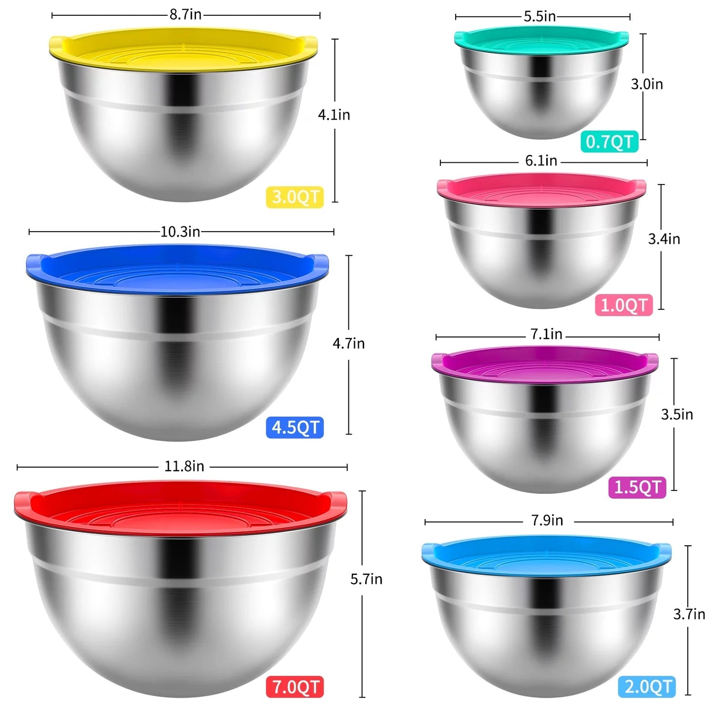 Mixing Bowls with Lids: 7 Pack Stainless Steel Mixing Bowls Set, Metal Nesting Mixing Bowls for Kitchen, 7/4.5/3.0/2.0/1.5/1.0/0.7QT, Great for Prep, Baking, Serving, Multicolor - Love All Things Home