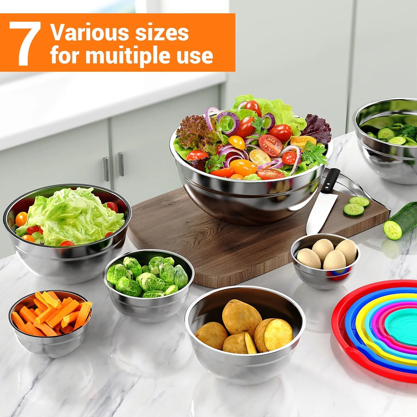 Mixing Bowls with Lids: 7 Pack Stainless Steel Mixing Bowls Set, Metal Nesting Mixing Bowls for Kitchen, 7/4.5/3.0/2.0/1.5/1.0/0.7QT, Great for Prep, Baking, Serving, Multicolor - Love All Things Home