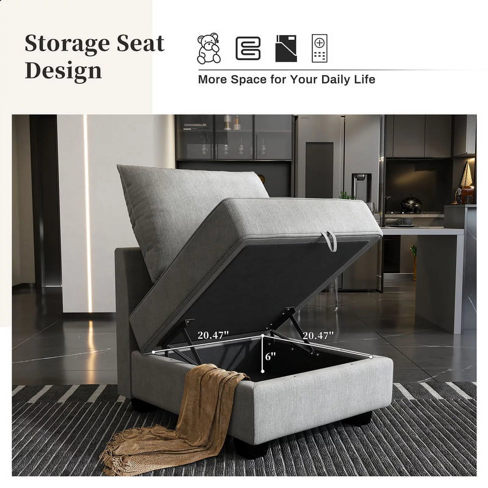Modern Living Room Furniture Sofa Set with Storage Ottomans, Grey - Love All Things Home