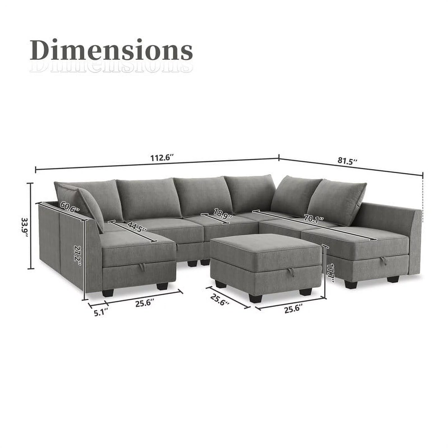 Modern Living Room Furniture Sofa Set with Storage Ottomans, Grey - Love All Things Home