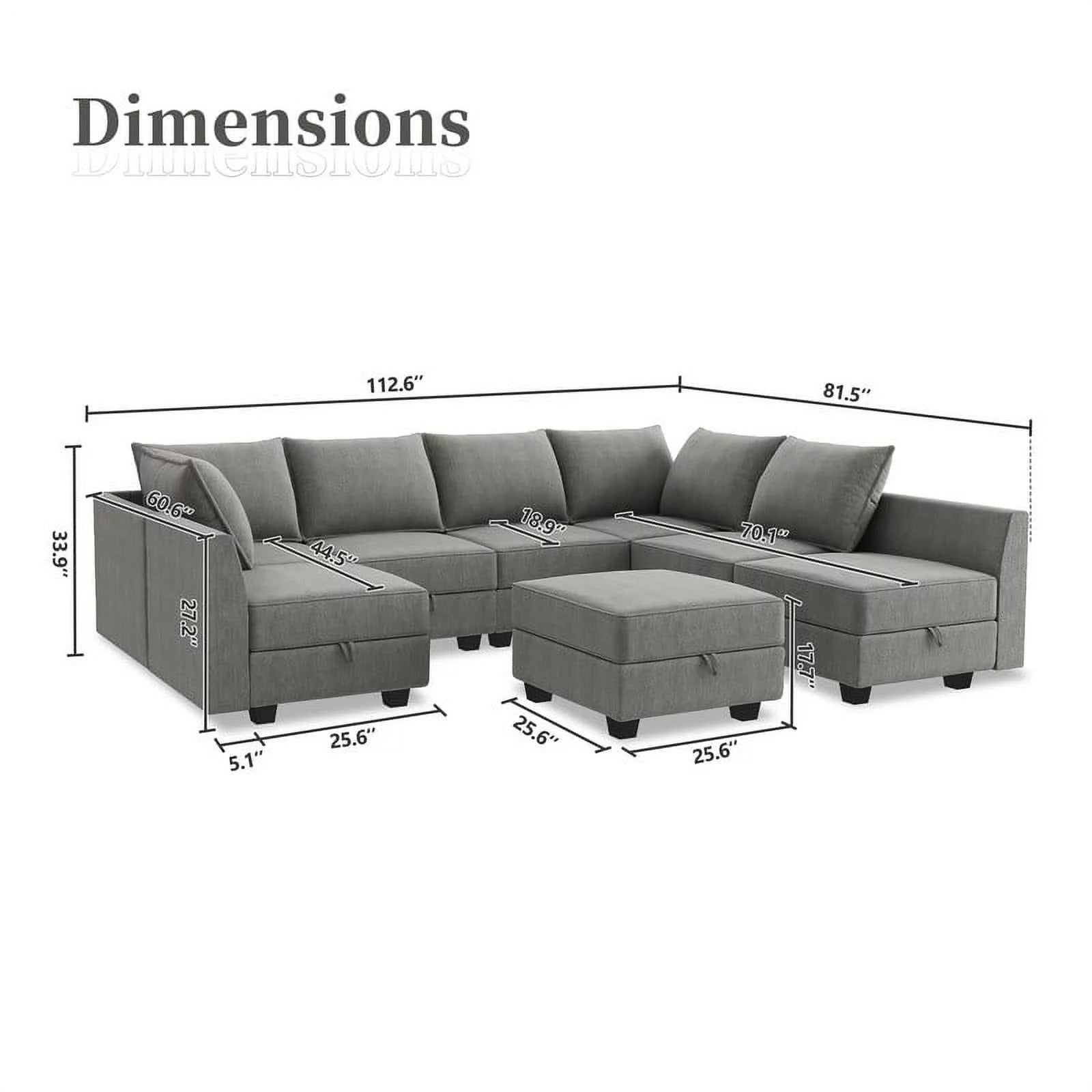 Modern Living Room Furniture Sofa Set with Storage Ottomans, Grey - Love All Things Home