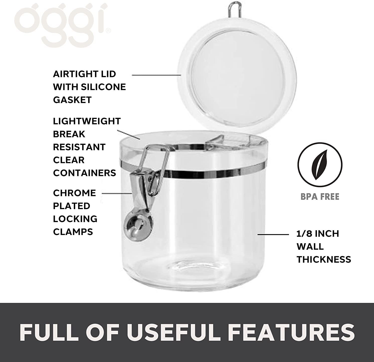 Oggi Jumbo Clear Canister with Clamp Lid, 150 Oz - Airtight Food Storage Container, for Kitchen & Pantry Storage of Bulk, Dry Foods Including Pasta, Flour, Sugar, Coffee, Rice, Tea, Spices & Herbs - Love All Things Home