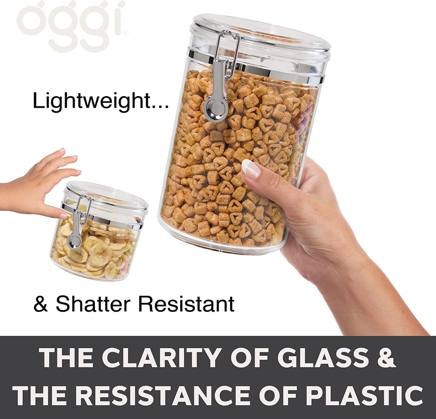 Oggi Jumbo Clear Canister with Clamp Lid, 150 Oz - Airtight Food Storage Container, for Kitchen & Pantry Storage of Bulk, Dry Foods Including Pasta, Flour, Sugar, Coffee, Rice, Tea, Spices & Herbs - Love All Things Home