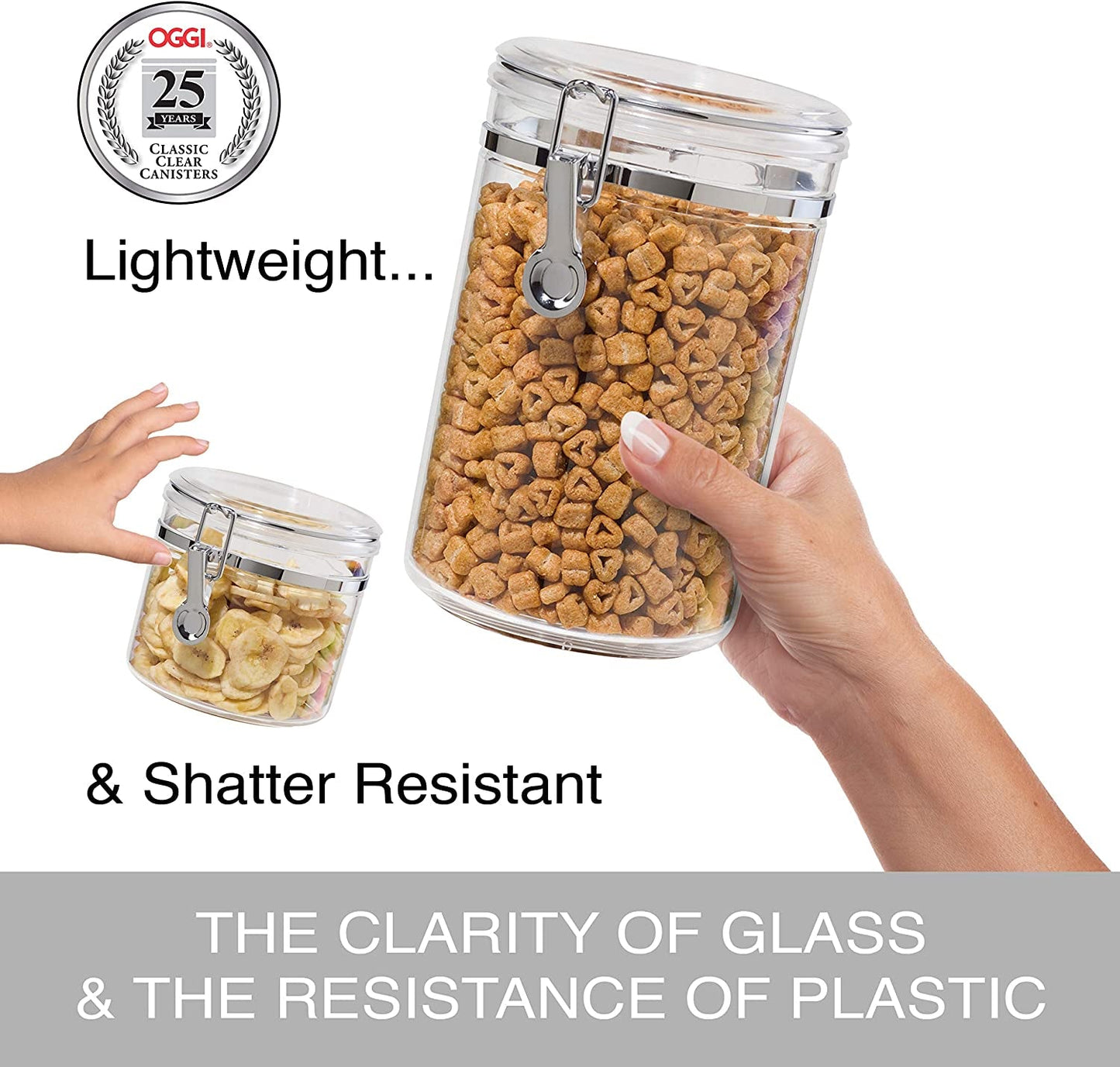 Oggi Jumbo Clear Canister with Clamp Lid, 150 Oz - Airtight Food Storage Container, for Kitchen & Pantry Storage of Bulk, Dry Foods Including Pasta, Flour, Sugar, Coffee, Rice, Tea, Spices & Herbs - Love All Things Home