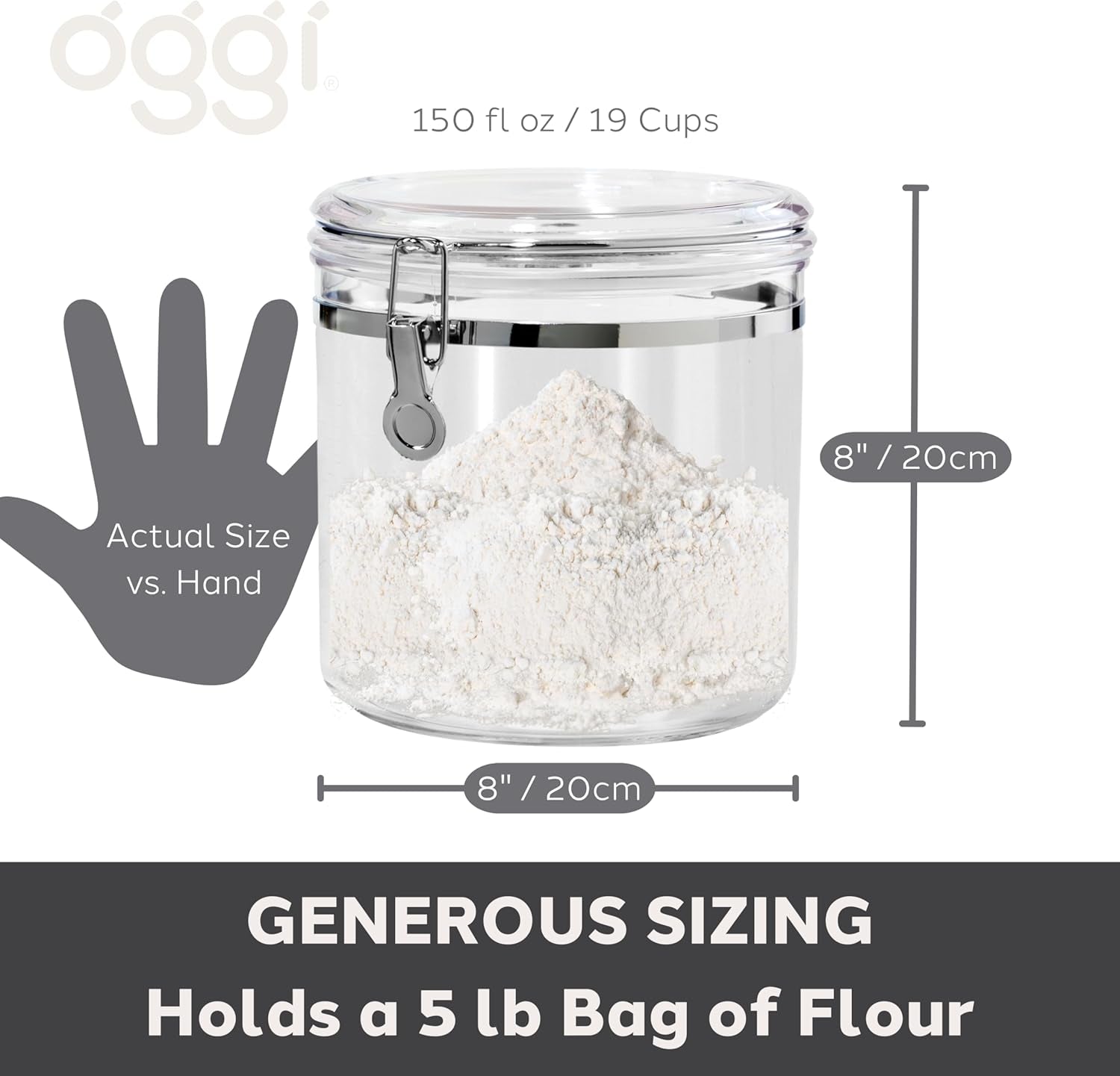 Oggi Jumbo Clear Canister with Clamp Lid, 150 Oz - Airtight Food Storage Container, for Kitchen & Pantry Storage of Bulk, Dry Foods Including Pasta, Flour, Sugar, Coffee, Rice, Tea, Spices & Herbs - Love All Things Home