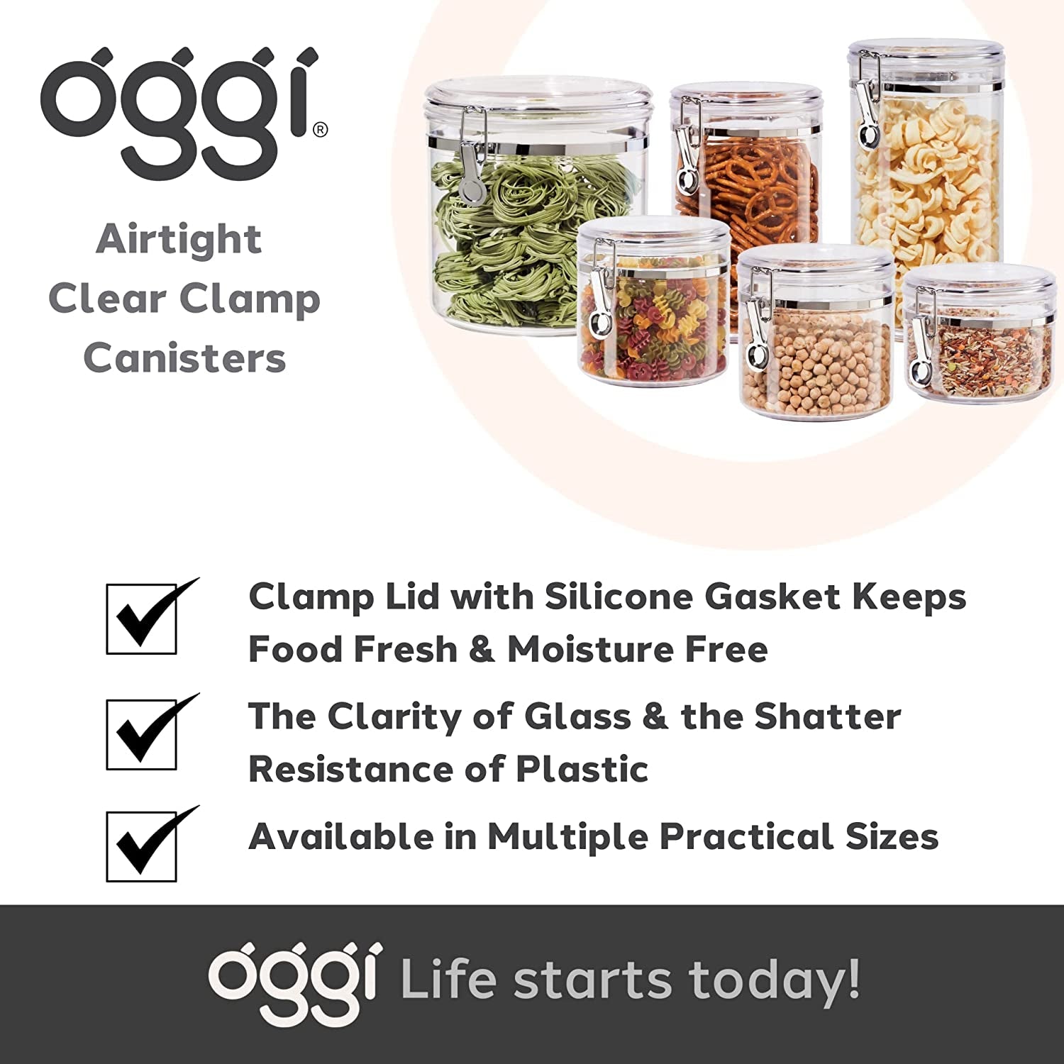 Oggi Jumbo Clear Canister with Clamp Lid, 150 Oz - Airtight Food Storage Container, for Kitchen & Pantry Storage of Bulk, Dry Foods Including Pasta, Flour, Sugar, Coffee, Rice, Tea, Spices & Herbs - Love All Things Home