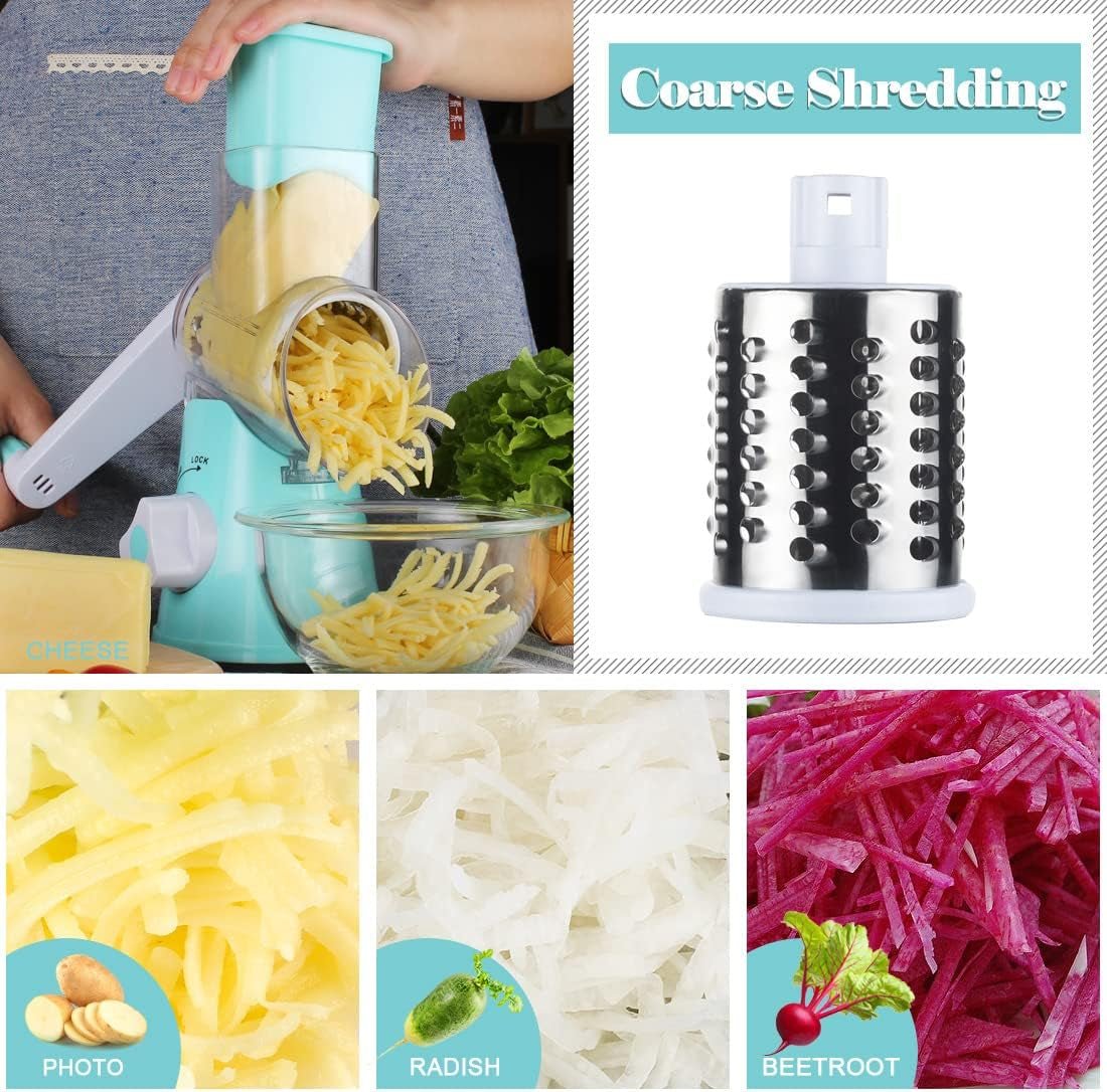 Ourokhome Rotary Cheese Grater Hand Crank, Kitchen Shredder Speed Mandolin Slicer Nut Grinder with Handle and Drum Blades for Cheese, Vegetable, Walnut, Chocolate, Potato, Carrot, 3 Blades, Blue - Love All Things Home