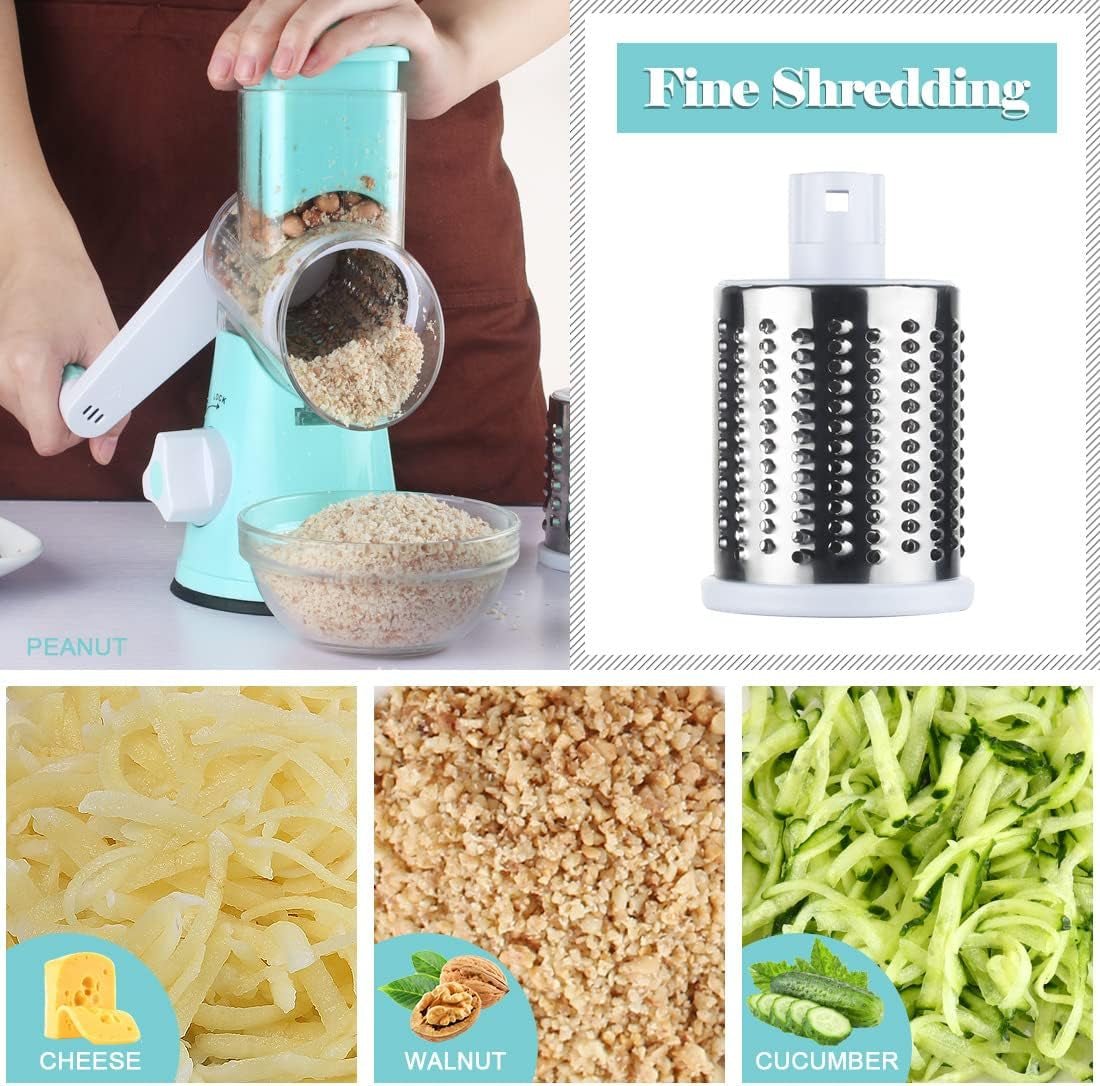 Ourokhome Rotary Cheese Grater Hand Crank, Kitchen Shredder Speed Mandolin Slicer Nut Grinder with Handle and Drum Blades for Cheese, Vegetable, Walnut, Chocolate, Potato, Carrot, 3 Blades, Blue - Love All Things Home