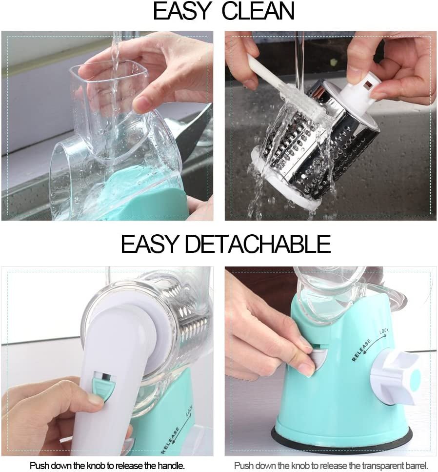 Ourokhome Rotary Cheese Grater Hand Crank, Kitchen Shredder Speed Mandolin Slicer Nut Grinder with Handle and Drum Blades for Cheese, Vegetable, Walnut, Chocolate, Potato, Carrot, 3 Blades, Blue - Love All Things Home