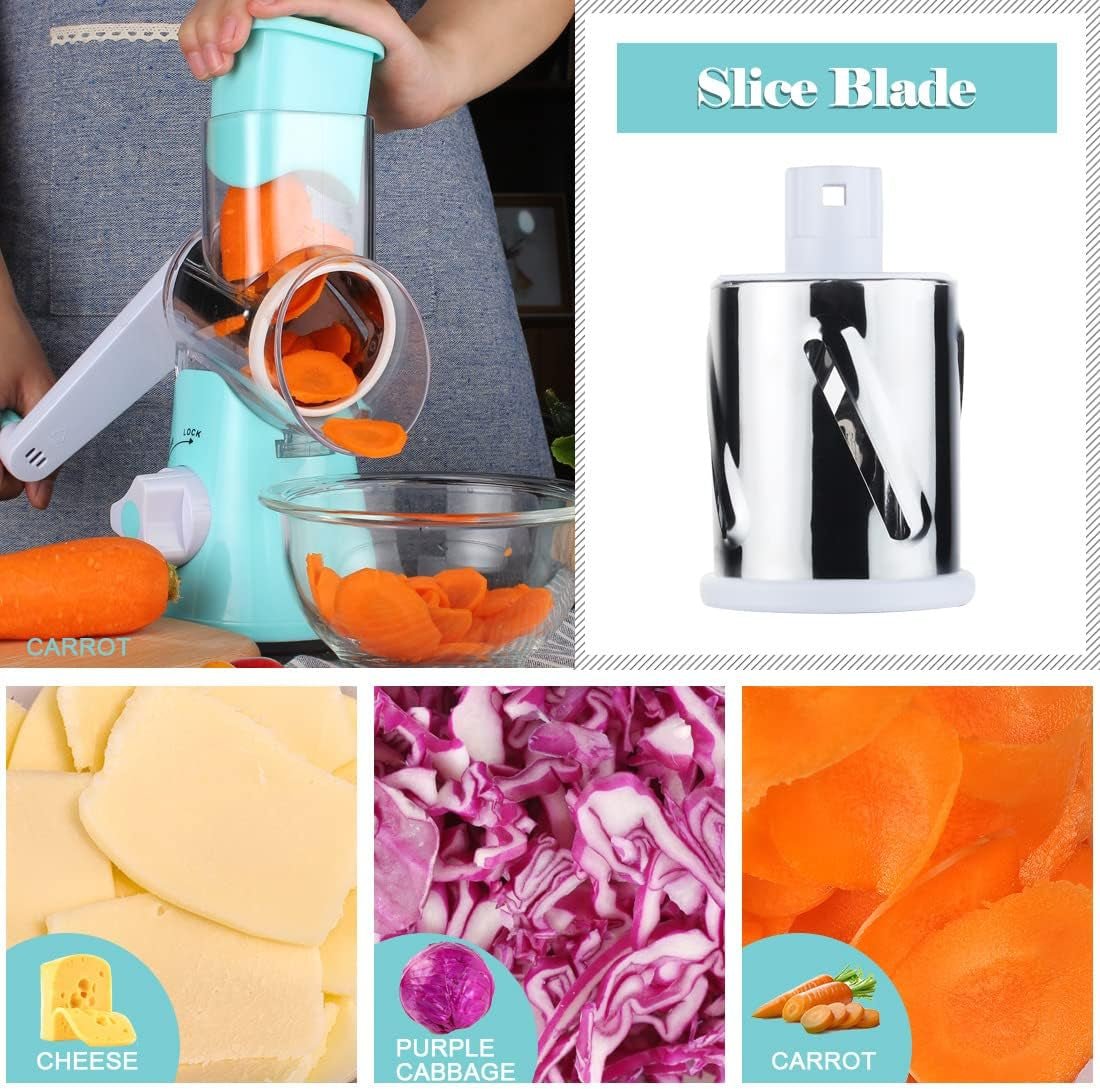 Ourokhome Rotary Cheese Grater Hand Crank, Kitchen Shredder Speed Mandolin Slicer Nut Grinder with Handle and Drum Blades for Cheese, Vegetable, Walnut, Chocolate, Potato, Carrot, 3 Blades, Blue - Love All Things Home