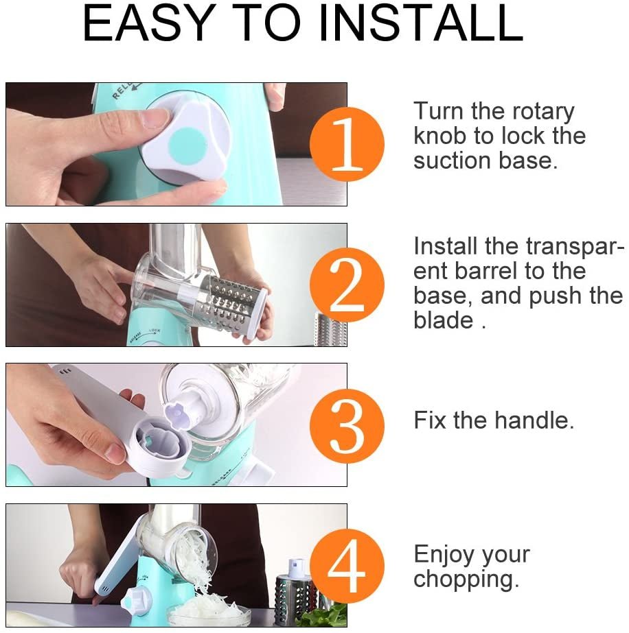 Ourokhome Rotary Cheese Grater Hand Crank, Kitchen Shredder Speed Mandolin Slicer Nut Grinder with Handle and Drum Blades for Cheese, Vegetable, Walnut, Chocolate, Potato, Carrot, 3 Blades, Blue - Love All Things Home