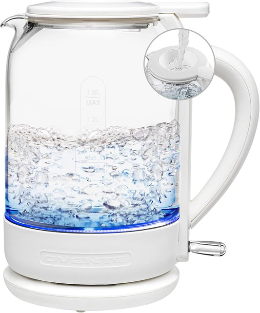 OVENTE Electric Kettle with 1.5L Borosilicate Glass, 1500W Fast Boiling Water Heater for Coffee or Tea, Easy to Fill Lid, Auto Shut - Off, Boil - Dry Protection & Stainless Steel Filter, White KG516W - Love All Things Home