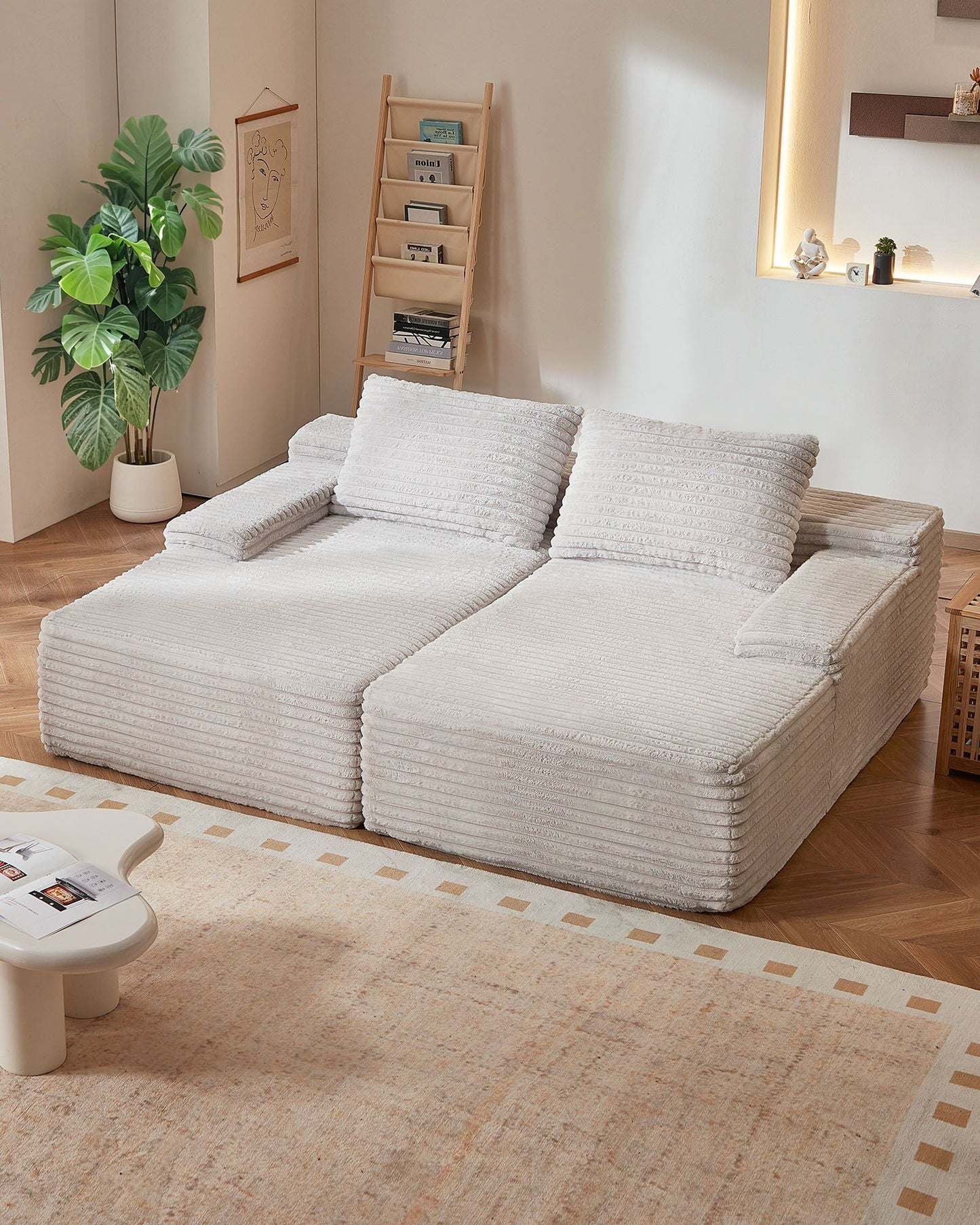 Oversized Double Chaise Lounge 82.7 in Corduroy Sectional Loveseat Sofa Beige - Love All Things Home