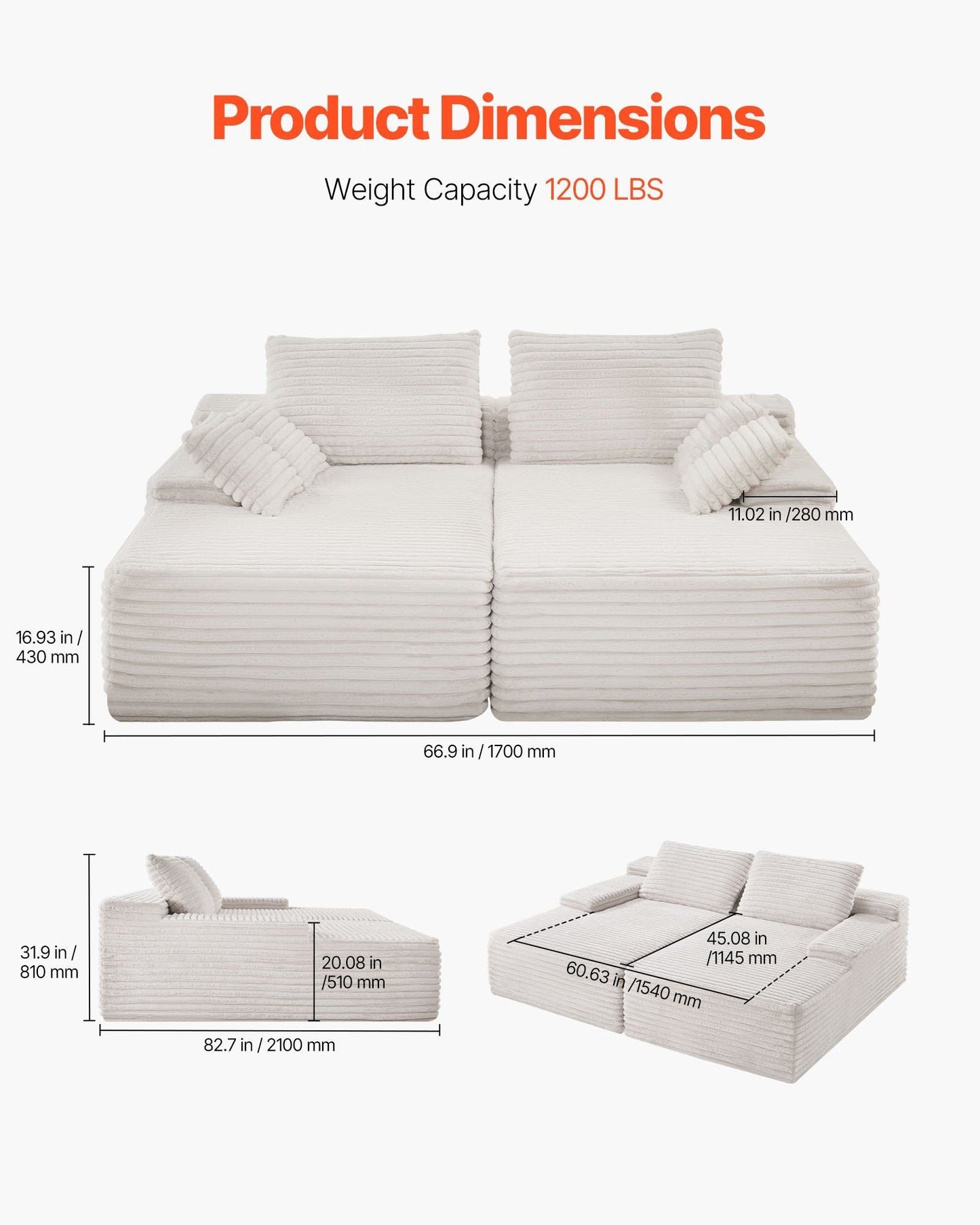 Oversized Double Chaise Lounge 82.7 in Corduroy Sectional Loveseat Sofa Beige - Love All Things Home