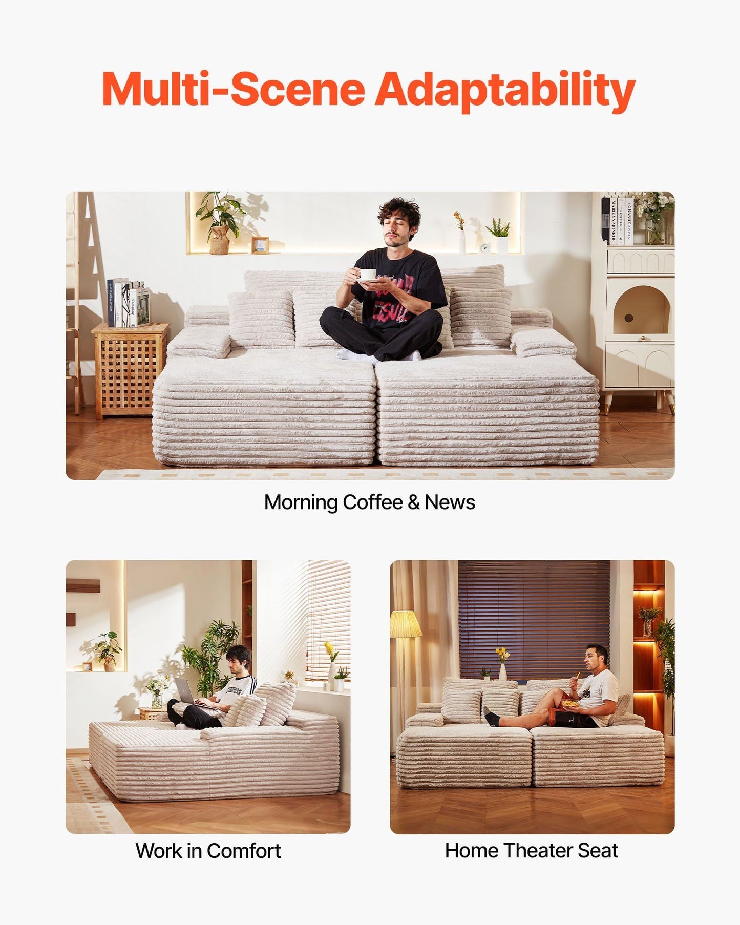 Oversized Double Chaise Lounge 82.7 in Corduroy Sectional Loveseat Sofa Beige - Love All Things Home