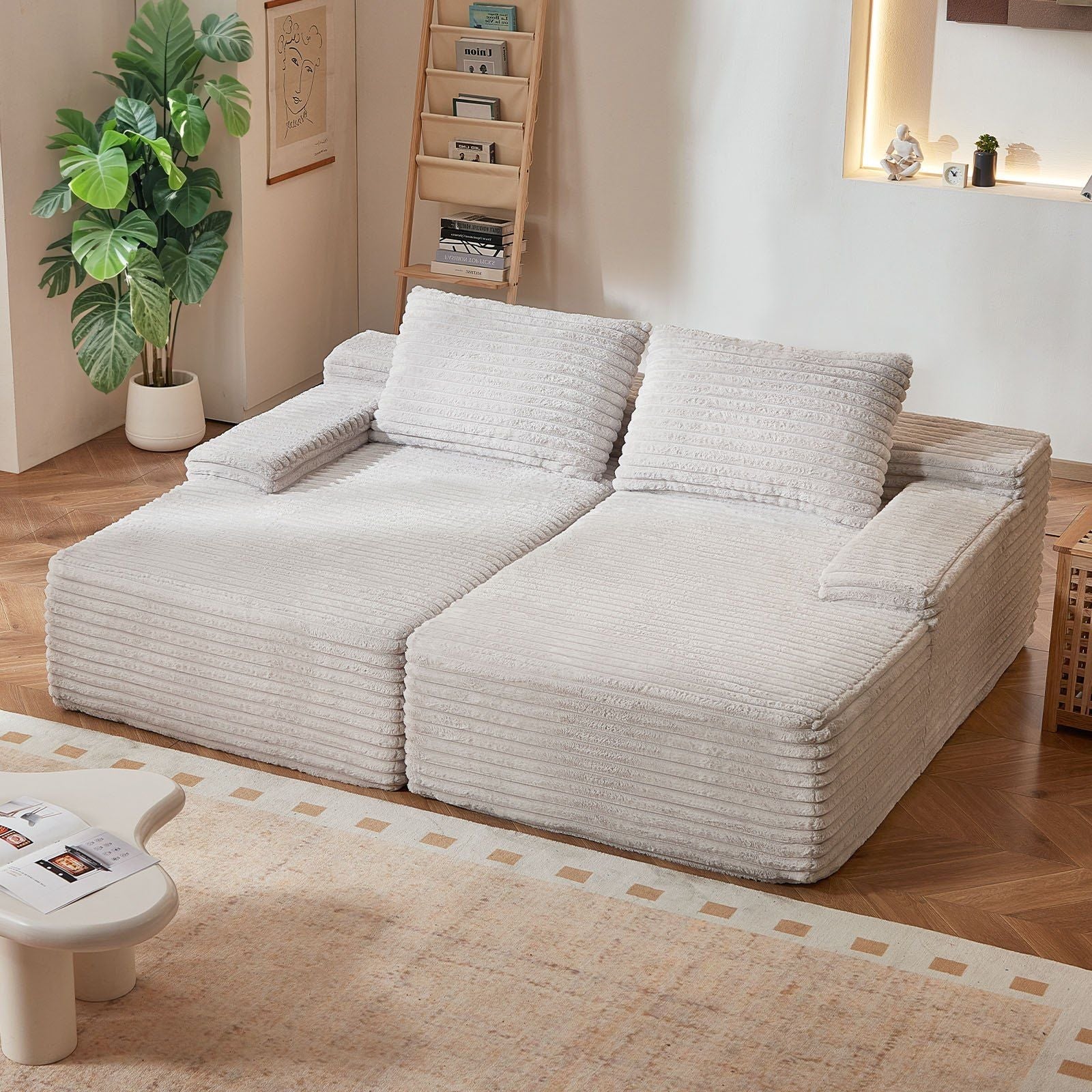 Oversized Double Chaise Lounge 82.7 in Corduroy Sectional Loveseat Sofa Beige - Love All Things Home