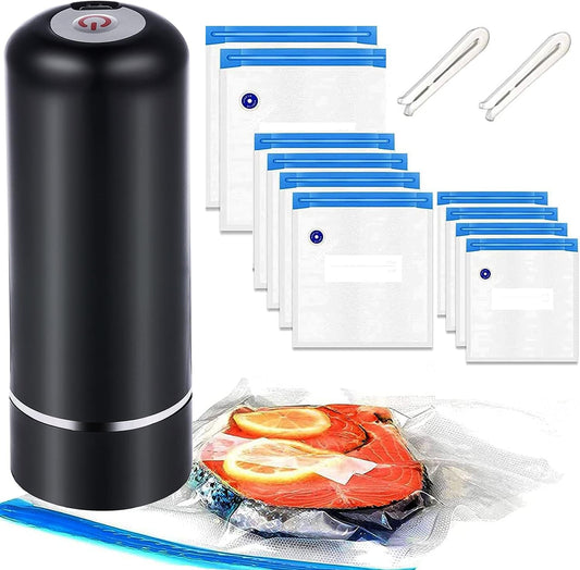 Portable Handheld Food Vacuum Sealer, Automatic Portable Food Sealer for Food Savers with 10 Pack Reusable Sous Vide Bags, 2 Sealing Clips, Mini Vacuum Sealer Machine by Hehebon(Black) - Love All Things Home