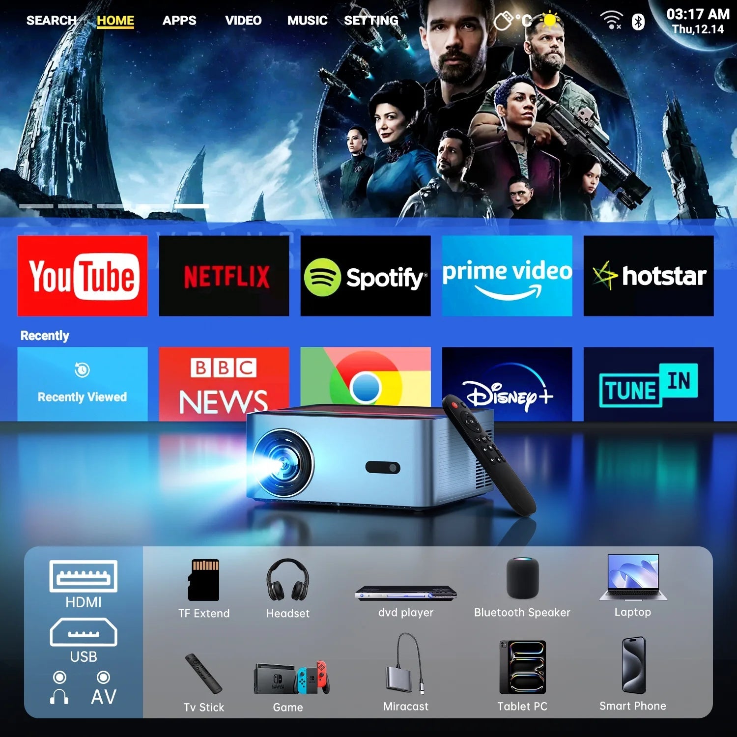 Projector w/ Wifi Bluetooth, 4K Support Native 1080P Projector, 15000LM Full HD Video Projector, LCD - Love All Things Home