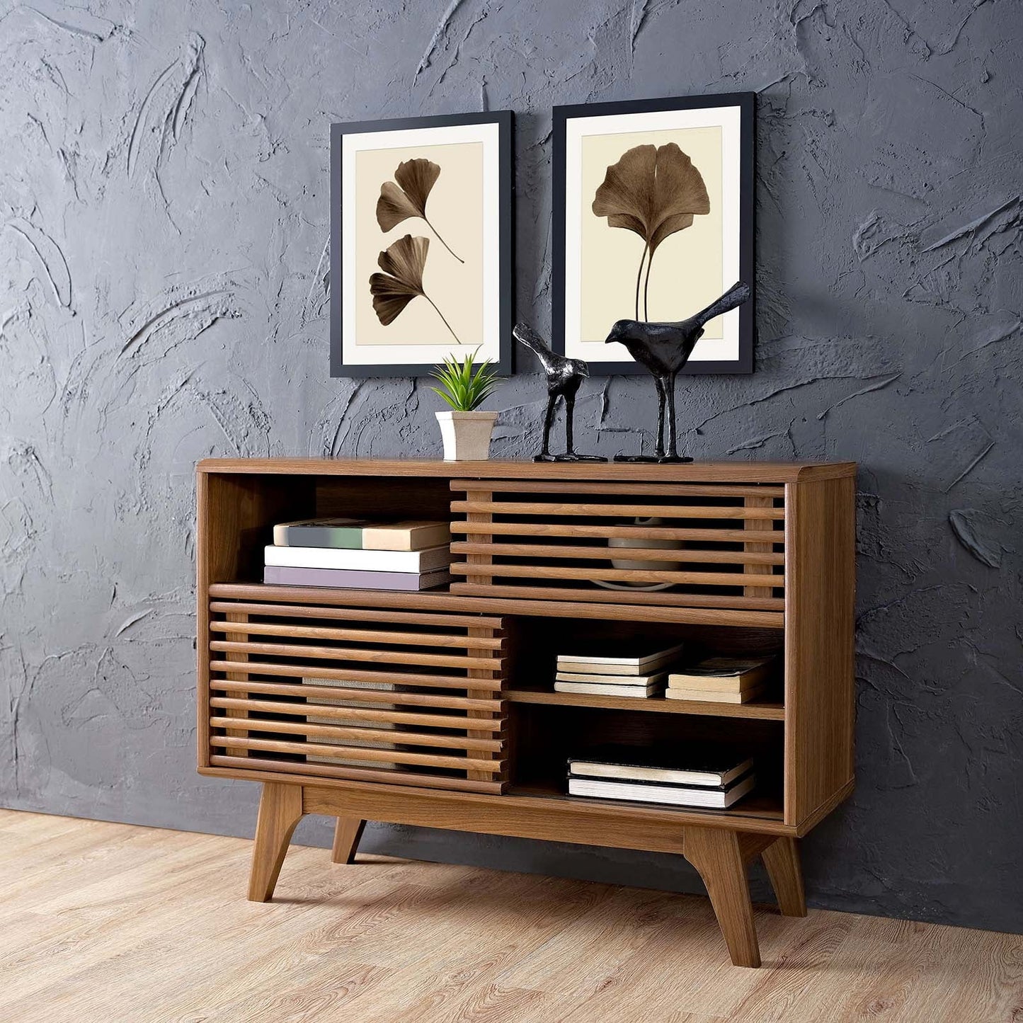 Render Modern Style Particleboard Wood Display Stand in Walnut - Love All Things Home