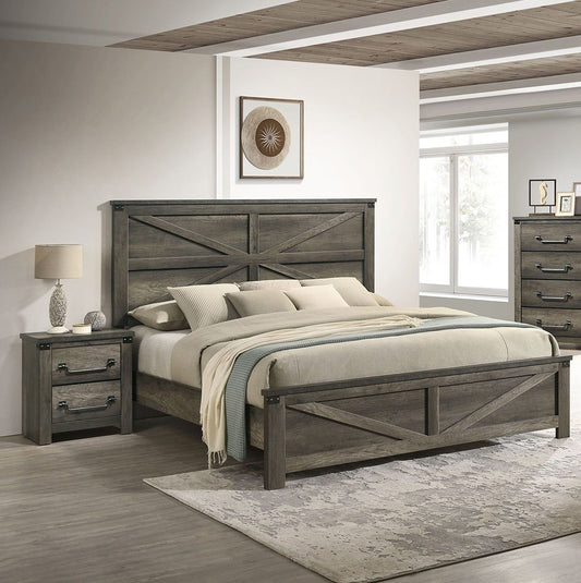 Rustic Gray 3pc Set Eastern King Size Bed 2x Nightstands Unique Design Headboard Bedroom Furniture Metal Accents - Love All Things Home