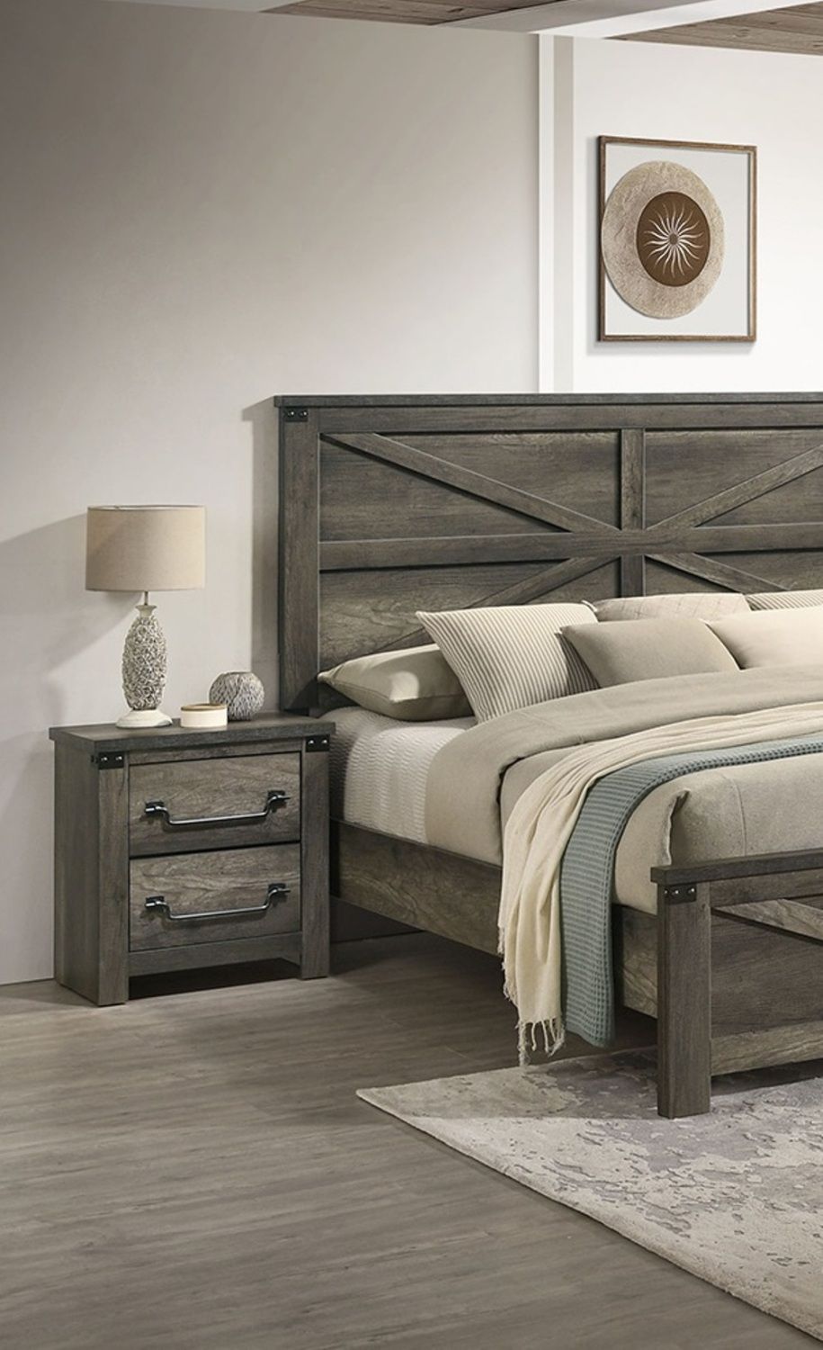 Rustic Gray 3pc Set Eastern King Size Bed 2x Nightstands Unique Design Headboard Bedroom Furniture Metal Accents - Love All Things Home