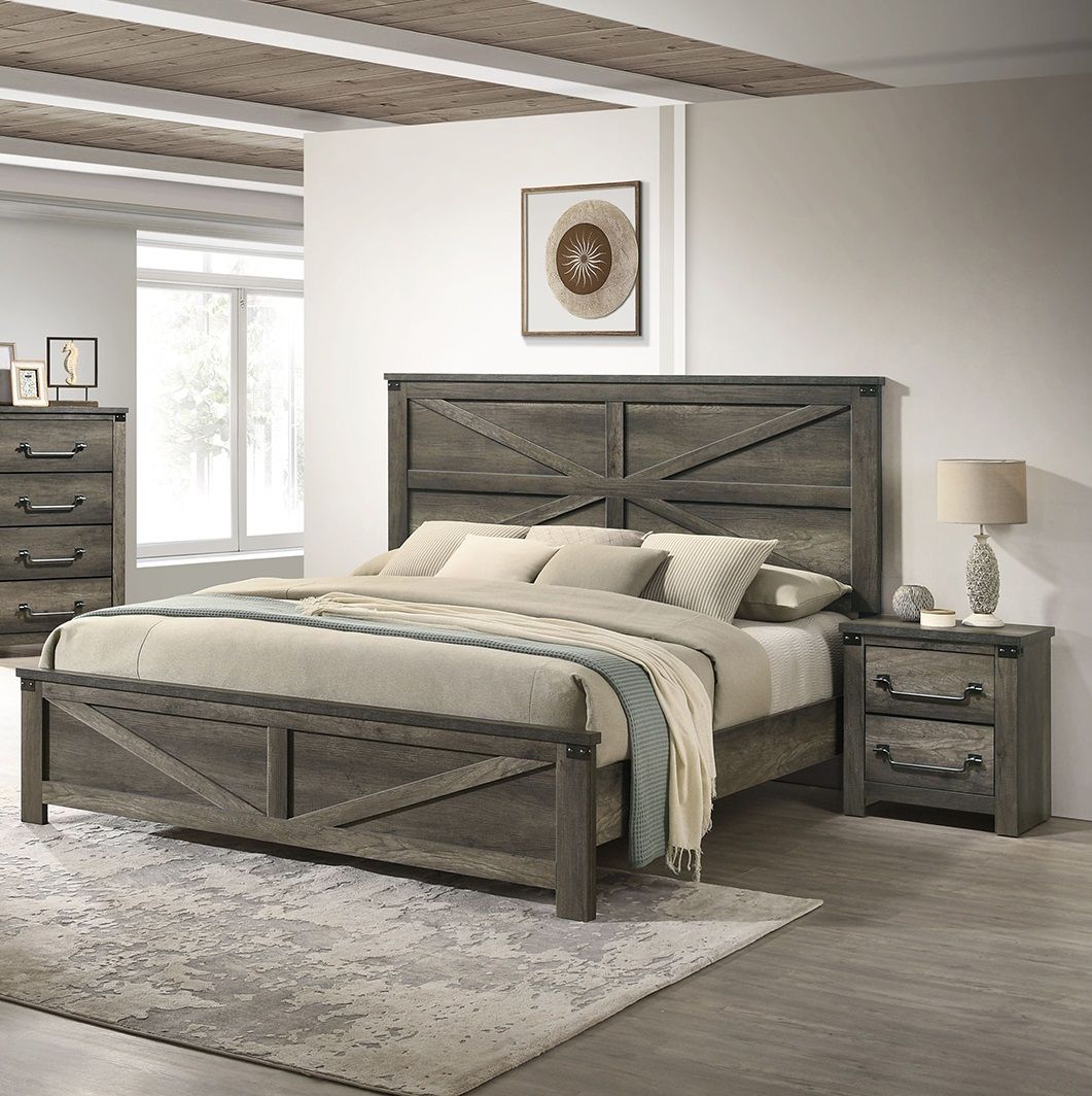 Rustic Gray 3pc Set Eastern King Size Bed 2x Nightstands Unique Design Headboard Bedroom Furniture Metal Accents - Love All Things Home