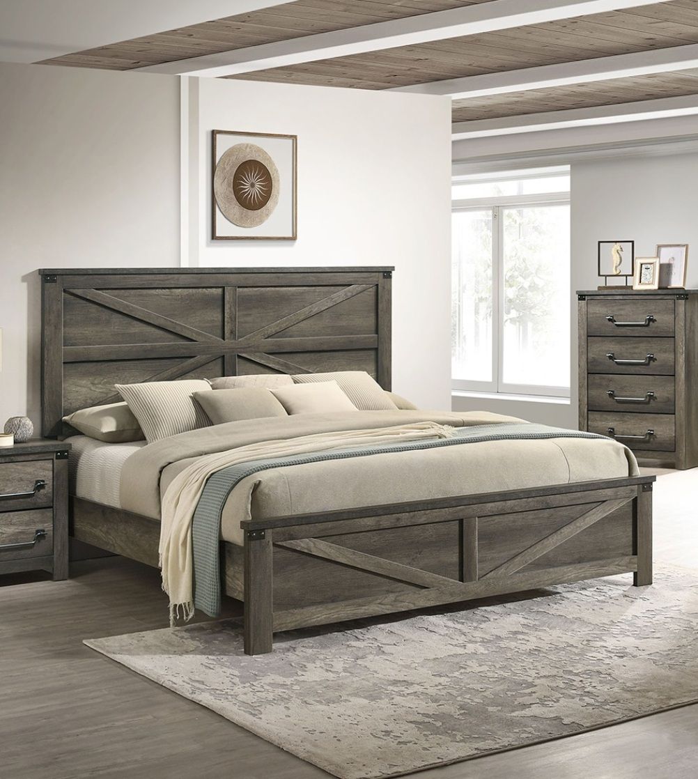 Rustic Gray 3pc Set Eastern King Size Bed 2x Nightstands Unique Design Headboard Bedroom Furniture Metal Accents - Love All Things Home