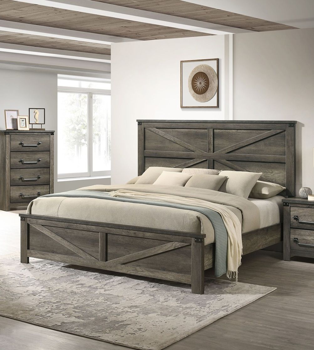 Rustic Gray 3pc Set Eastern King Size Bed 2x Nightstands Unique Design Headboard Bedroom Furniture Metal Accents - Love All Things Home