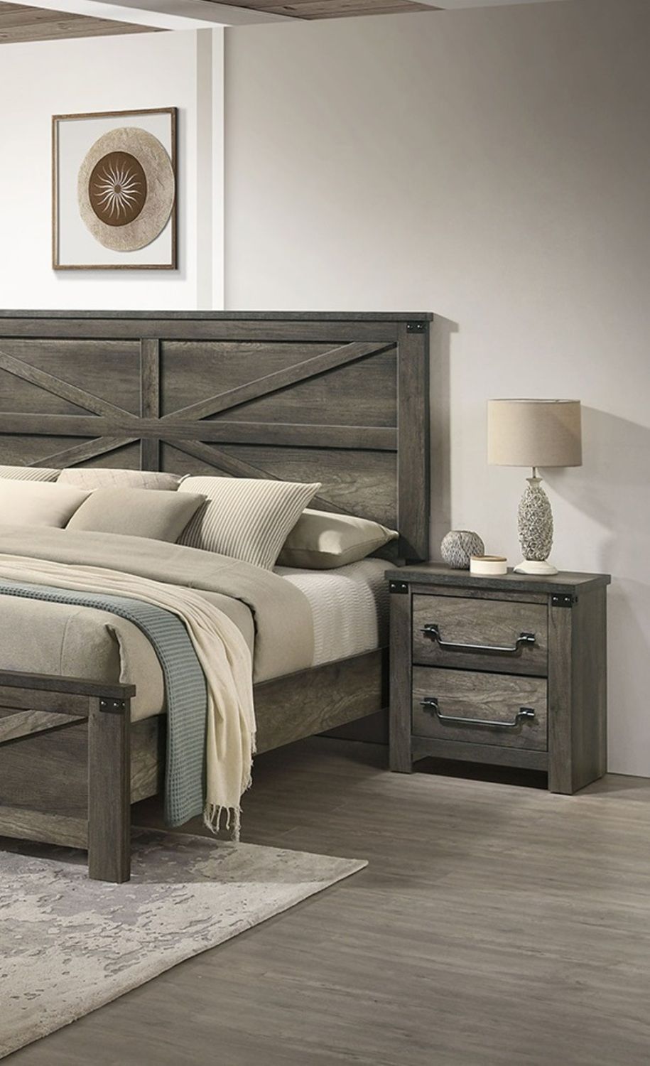 Rustic Gray 3pc Set Eastern King Size Bed 2x Nightstands Unique Design Headboard Bedroom Furniture Metal Accents - Love All Things Home
