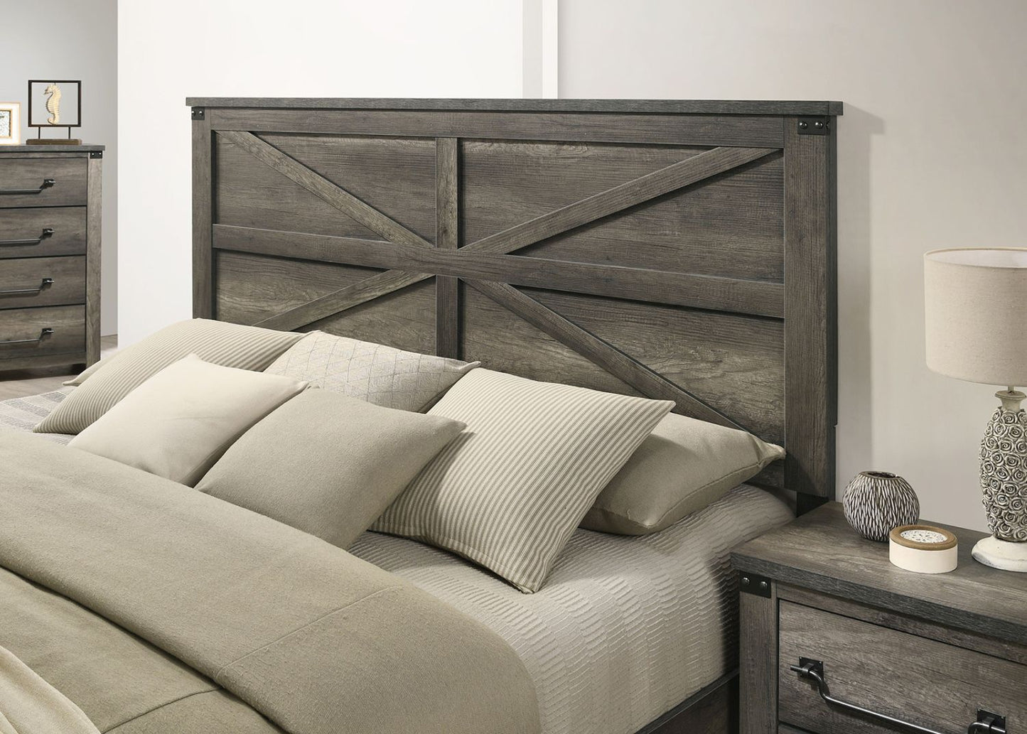 Rustic Gray 3pc Set Eastern King Size Bed 2x Nightstands Unique Design Headboard Bedroom Furniture Metal Accents - Love All Things Home