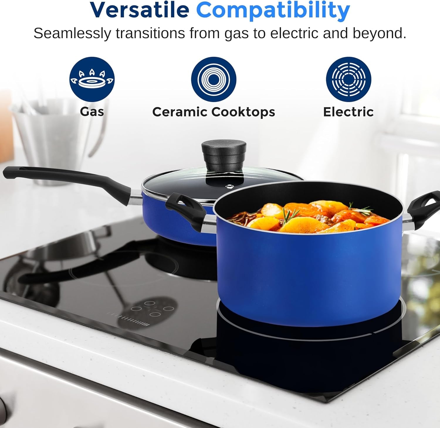 Serenelife 20 - Piece Blue Cookware and Knives Set - Includes Multi - Sized Nonstick Pots and Pans with Lids and Utensils, Heat Resistant, Dishwasher Safe - Love All Things Home