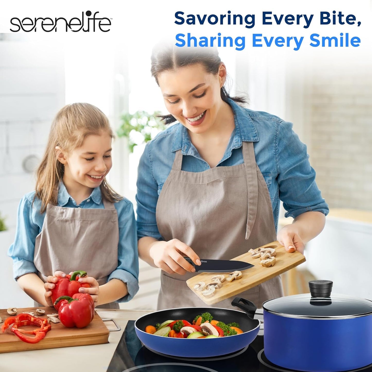 Serenelife 20 - Piece Blue Cookware and Knives Set - Includes Multi - Sized Nonstick Pots and Pans with Lids and Utensils, Heat Resistant, Dishwasher Safe - Love All Things Home