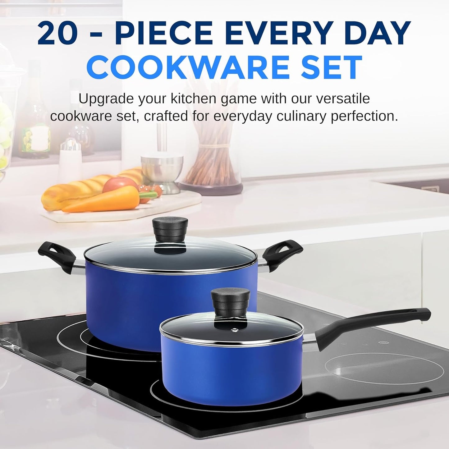 Serenelife 20 - Piece Blue Cookware and Knives Set - Includes Multi - Sized Nonstick Pots and Pans with Lids and Utensils, Heat Resistant, Dishwasher Safe - Love All Things Home