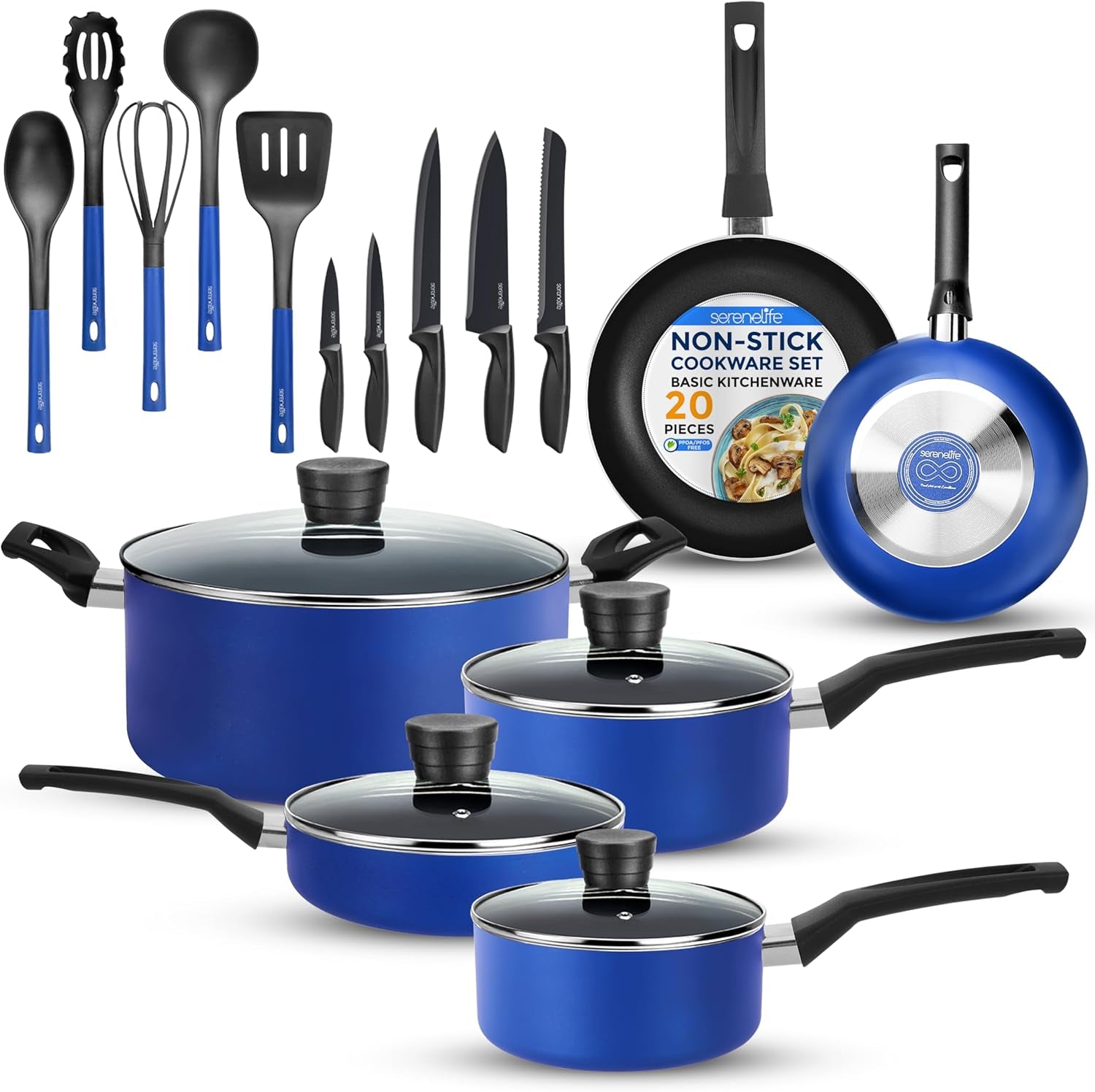 Serenelife 20 - Piece Blue Cookware and Knives Set - Includes Multi - Sized Nonstick Pots and Pans with Lids and Utensils, Heat Resistant, Dishwasher Safe - Love All Things Home